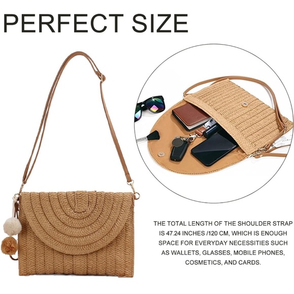 Summer straw style cross body woven bag with pom poms - Beige/tan - Picture 4 of 7